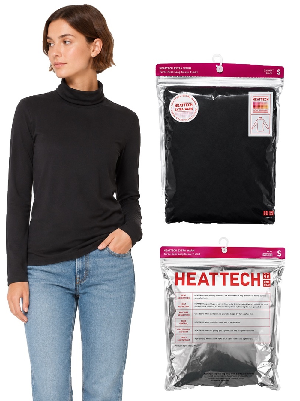 NEW - Uniqlo HEATTECH Extra Warm Black Turtleneck Long Sleeve Top Black Women S